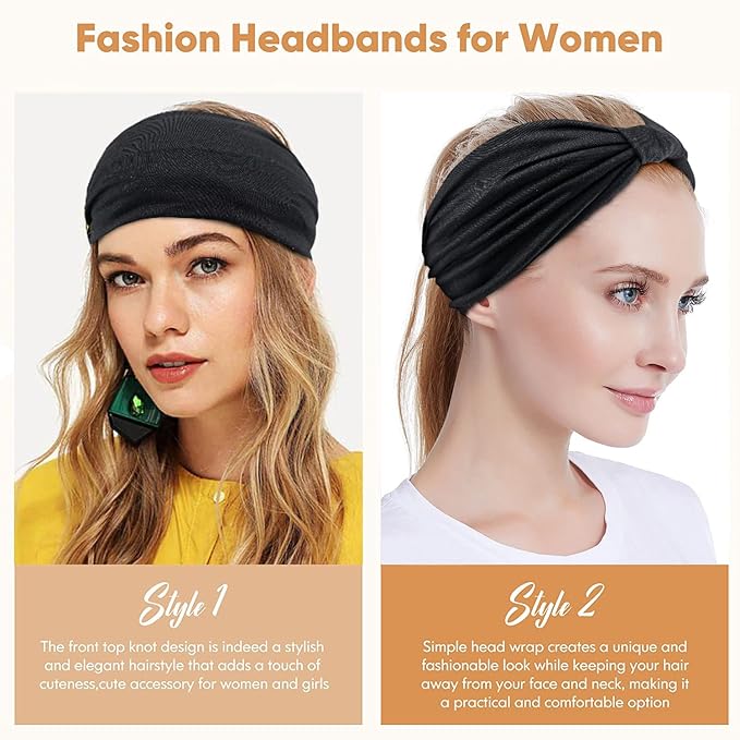 Yeshan Black Wide Headbands for Women Turban Knotted Headband for Lady Boho Thick Head Wraps Hairbands Large African Sport Yoga Head bands,Pack of 6