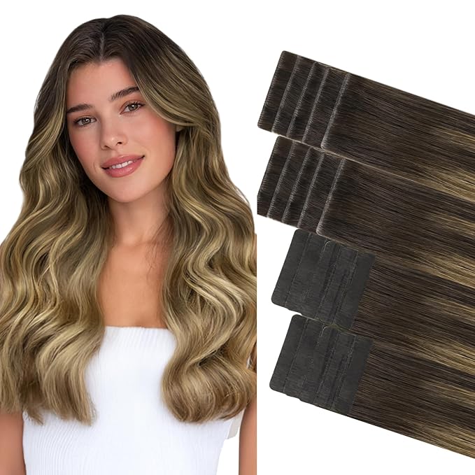 GOO GOO Invisi Edge Tape in Hair Extensions Human Hair, 2/6/18 Balayage Brown to Dirty Blonde 10pcs injected with 10pcs classical tape ins, 20inch 50g, Virgin Remy Hair, Natural Look