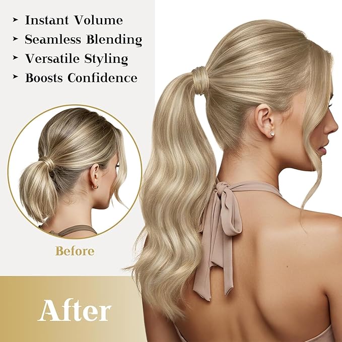 Ve Sunny Hair Extensions Ponytail Real Human Hair Wrap Around Clip in Ponytail Hair Extensions Straight Extensions Human Hair for Women Dark Blonde Highlights Golden Blonde 22inch 80G
