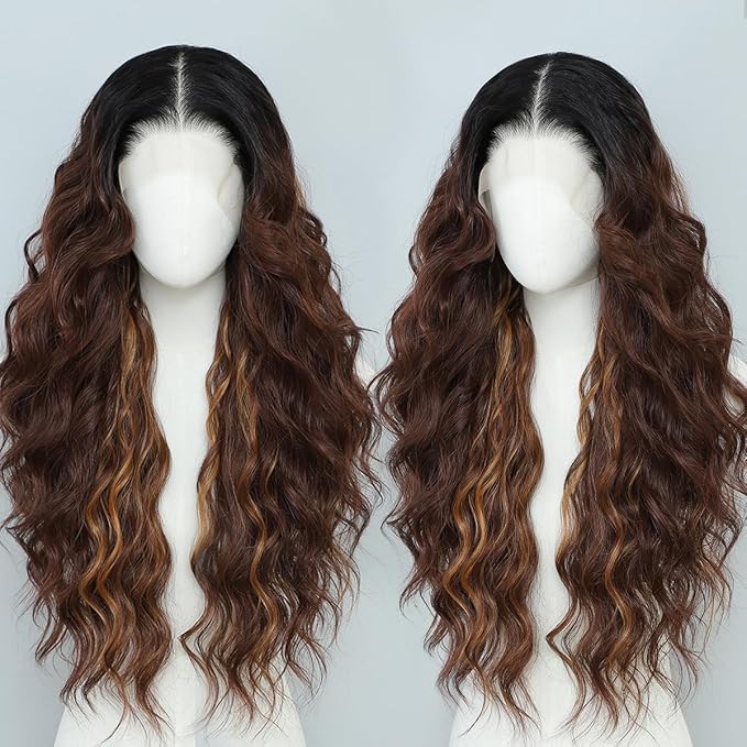 13x4 Synthetic Lace Front Wigs Pre Plucked 26 Inch Long Wavy Auburn with Honey Blonde Wigs For Black Women Ready to Wear 100% Futura Premium Lace Wig Daily Party Use
