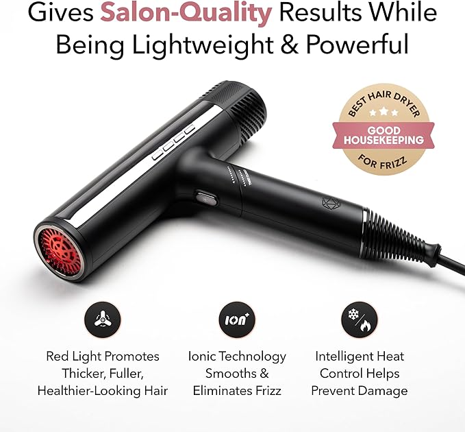 SRILabs DryQ ‘Smart’ Hair Dryer – Super Lightweight, Foldable – Powerful, Quiet Motor – Infrared & Ionic Technology – 3 Magnetic Attachments – Heat Control with Locking Switch