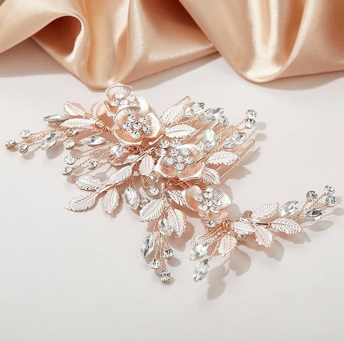 SWEETV Metal Hair Comb, Rhinestone Bridal Hair Clip - Handmade Wedding Hair Accessories for Brides and Bridesmaid, Rose Gold