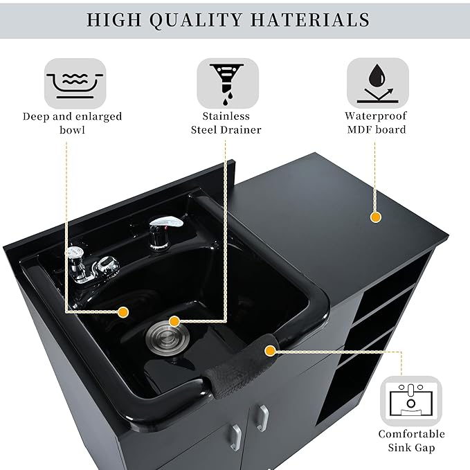 Shampoo Backwash Station for Salons,Salon Station with Shampoo Bowl & Storage Layer,Salon Equipment for Spa Beauty, Black