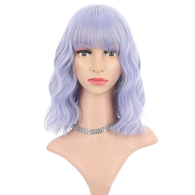 FAELBATY Light Blue Wave Bob Wigs With Bangs Synthetic Cosplay Wig for Women Girls Shoulder Length Costume Wigs Mixed Blue(12" Light Gray Blue)