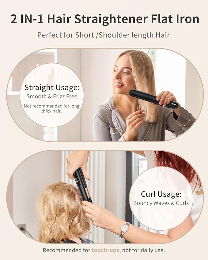 Cordless Flat Iron,Portable Mini Hair Straightener Travel for Bangs,Short Hair, Rechargeable Curling Iron for Touch Ups (Black)
