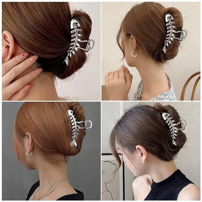 Fishbone Hair Clips Claw Non-Slip Fish Shaped Hair Claw Clips for Women and Girls - Big Metal Fishbone Hair Jaw Clamps for Secure Hair Styling and Accessories (Silver Fishbone)