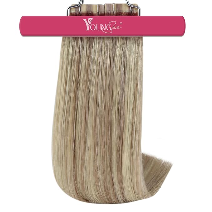 YoungSee Invisible Tape in Hair Extensions Blonde Highlight Hair Extension Tape ins Golden Blonde Highlight Real Hair Tapes on Hair Extensions Human Hair SIlky Straight 18 Inch 20pcs 50g
