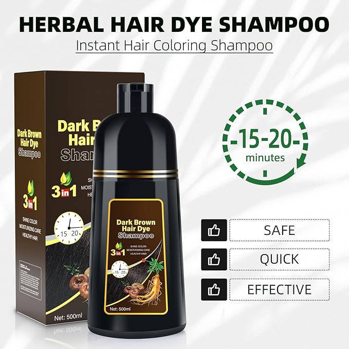 Dark Brown Hair Dye Shampoo 3 in 1 for Gray Coverage for Women/Men, Color Shampoo Instant Herbal Ingredients Semi Permanent