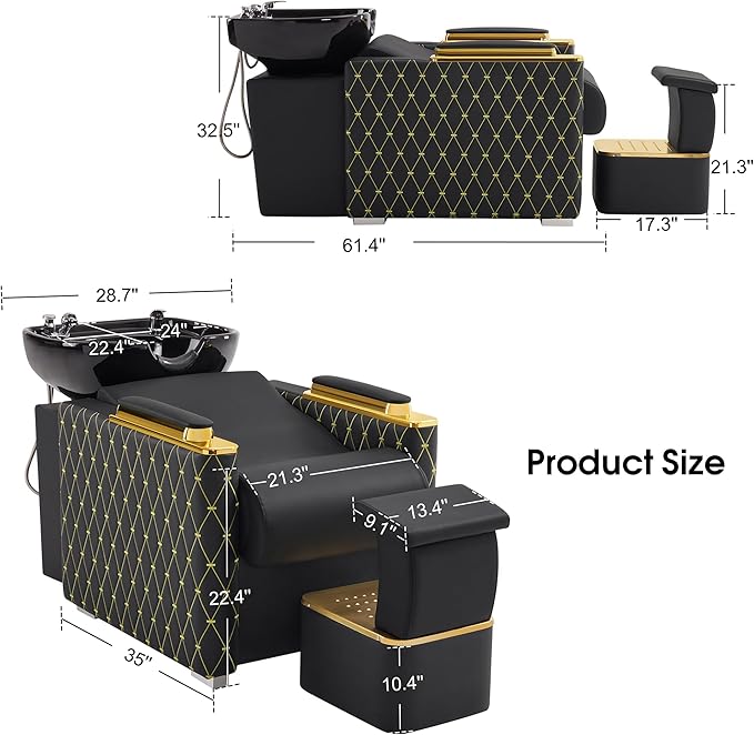 BarberPub Backwash Shampoo Station Chair with Porcelain Ceramic Hair Wash Bowl, Vacuum Breaker, Professional Black&Gold Shampoo Chair and Bowl Unit for Salon and Spa 8613 (Black&Gold)