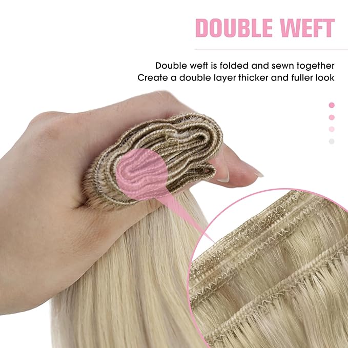 YoungSee Blonde Hair Extensions Weft Highlights Warm Ash Blond Mix Bleach Blonde Weft Extensions Human Hair Dyable Sew in Hair Extensions Real Human Hair for DIY 20Inch 100G