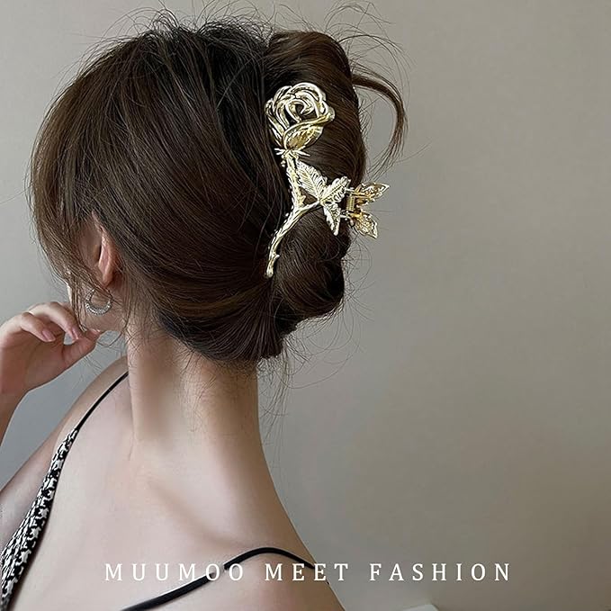 Rose Metal Flower Hair Clips, 1Pcs 4.52Inch Elegant Non-Slip Hair Accessory for Thin Thick Hair for Women & Girls (Gold Rose)