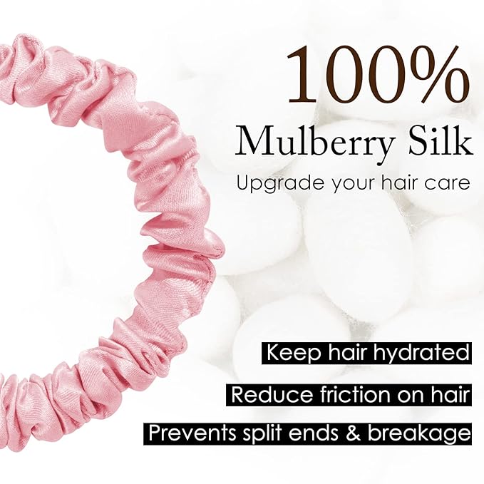 OLESILK Silk Hair Ties for Women: 100% Mulberry Skinny Silk Scrunchies, Soft Smooth No Damage No Crease for Thin Fine Curly Hair 5 Pack, Light