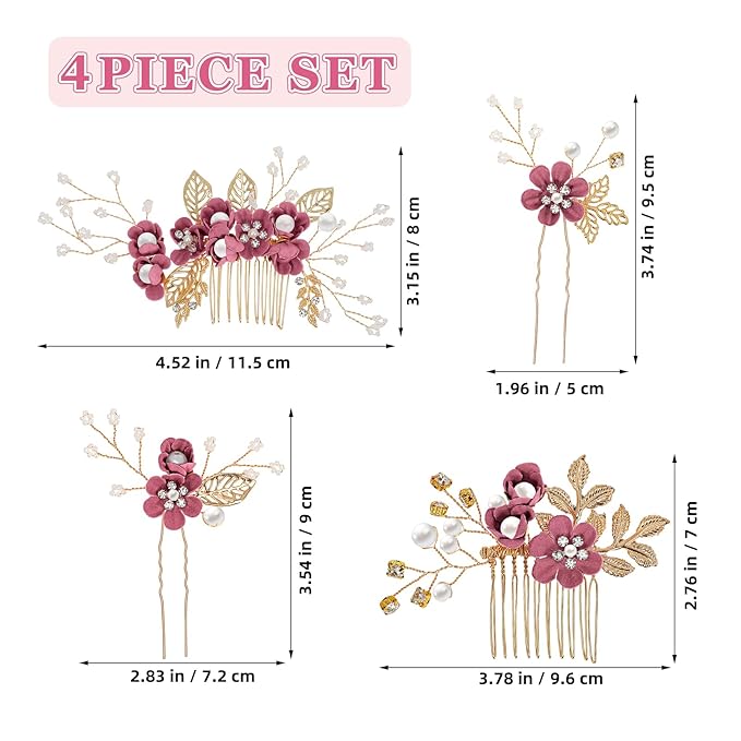 Wedding Flower Hair Accessories for Women: 4pcs Leaf and Flower Hair Combs for Women Accessories - Crystal Pearl Wedding Flower Clips Headpiece for Brides Bridesmaids Girls Updo (Rosy)