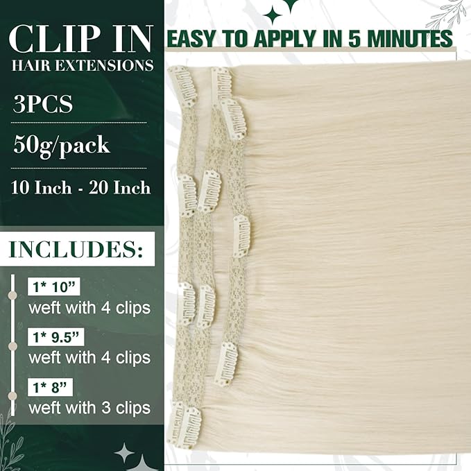 RUANTURE Blonde Clip in Hair Extensions, Real Human Hair Clip in Extensions, Short Hair Extensions Clip Ins, Double Weft Remy Natural Hair, Add Hair Volume, 12 Inch 50g 3pcs #800 Platinum Blonde