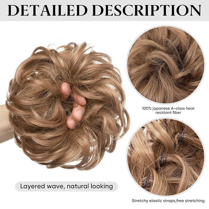 SARLA 2PCS Messy Hair Bun Hair Pieces Wavy Curly Synthetic Updo Fake Scrunchies Ponytail Extension for Women Coffee Brown