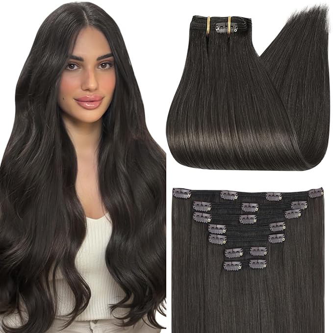Full Shine Black Hair Extensions Natural Black Tea Real Hair Extensions Clip in Human Hair Clip ins for Women 18 Inch 120 G 7 Pcs