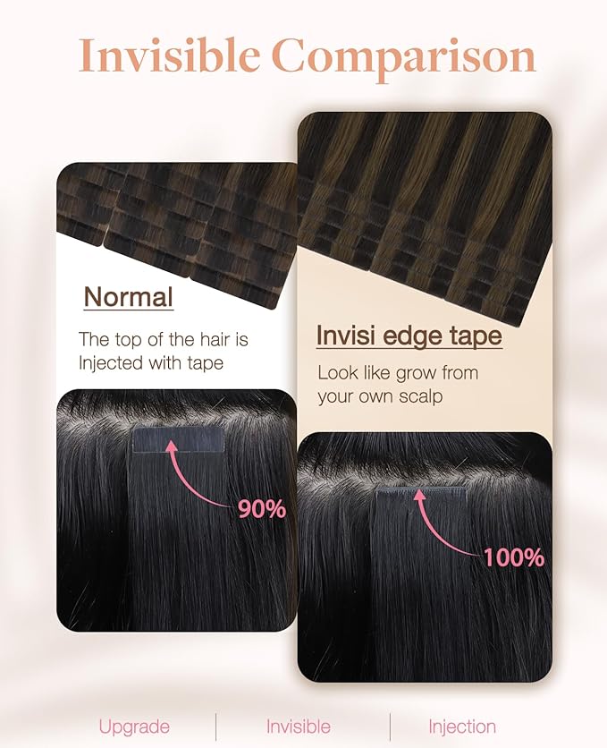 GOO GOO Invisi Edge Tape in Hair Extensions Human Hair, 2/6 Dark Brown Highlighted Chestnut Brown 10pcs injected with 10pcs classical tape ins, 24inch 50g, Virgin Remy Hair, Natural Look
