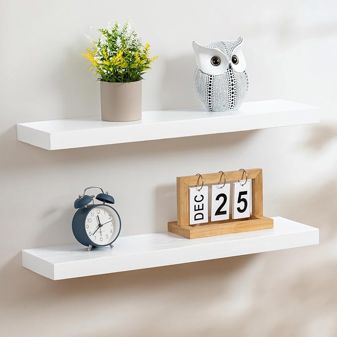 Fun Memories Handcrafted European Pine Floating Shelves - Natural Rustic Wooden Wall Shelf Set of 2-24 Inch Storage Shelf Display Shelf for Kitchen Bathroom Living Room Bedroom Farmhouse - White
