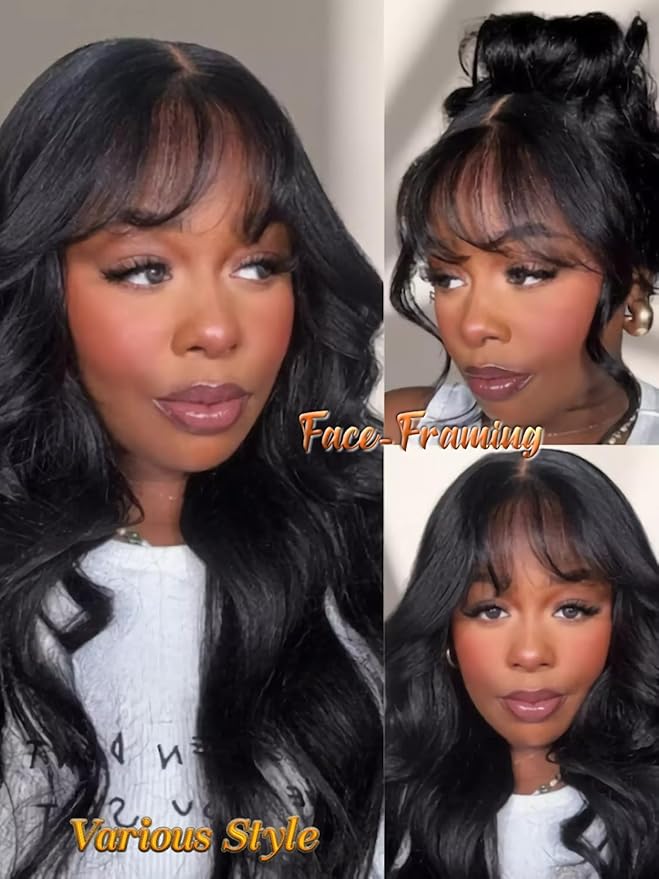 Julia Hair Bye Bye Knots Curtain Bangs Wig Glueless Fluffy Natural Loose Wave Pre Cut 7x5 HD Lace Front Wigs Invisible Pre Plucked Pre Everything Body Wave Put on and Go Wig for Women 26 Inch