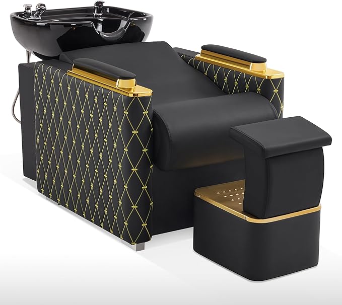 BarberPub Backwash Shampoo Station Chair with Porcelain Ceramic Hair Wash Bowl, Vacuum Breaker, Professional Black&Gold Shampoo Chair and Bowl Unit for Salon and Spa 8613 (Black&Gold)