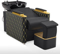 BarberPub Backwash Shampoo Station Chair with Porcelain Ceramic Hair Wash Bowl, Vacuum Breaker, Professional Black&Gold Shampoo Chair and Bowl Unit for Salon and Spa 8613 (Black&Gold)