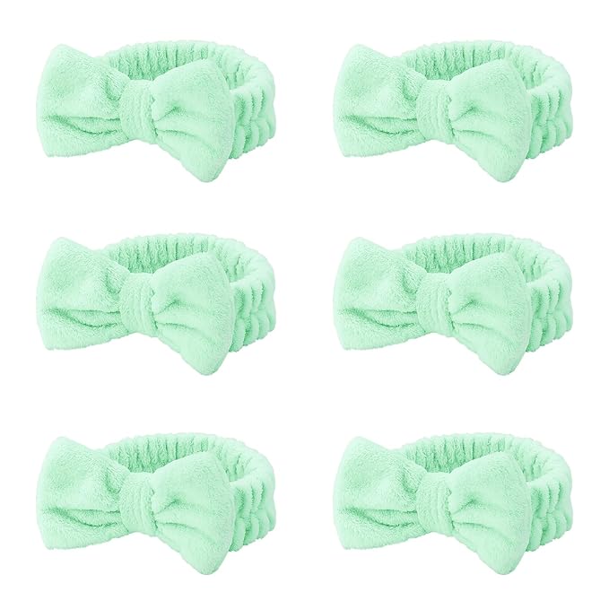 Casoty 6 Pcs Green Spa Headbands, Skin Care Headband, Soft Coral Fleece headbands for makeup, Bow Hair Band for Face Washing Shower Skin Care Yoga