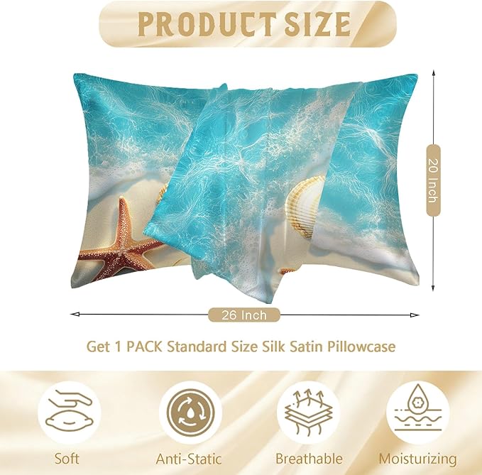 Imitation Silk Pillow Case for Hair and Skin Beautiful Beach and Starfish 1 Pack Satin Pillow Case Standard Size with Hidden Zipper Smooth Cooling Pillow Cover for Sleeping 20”x26”