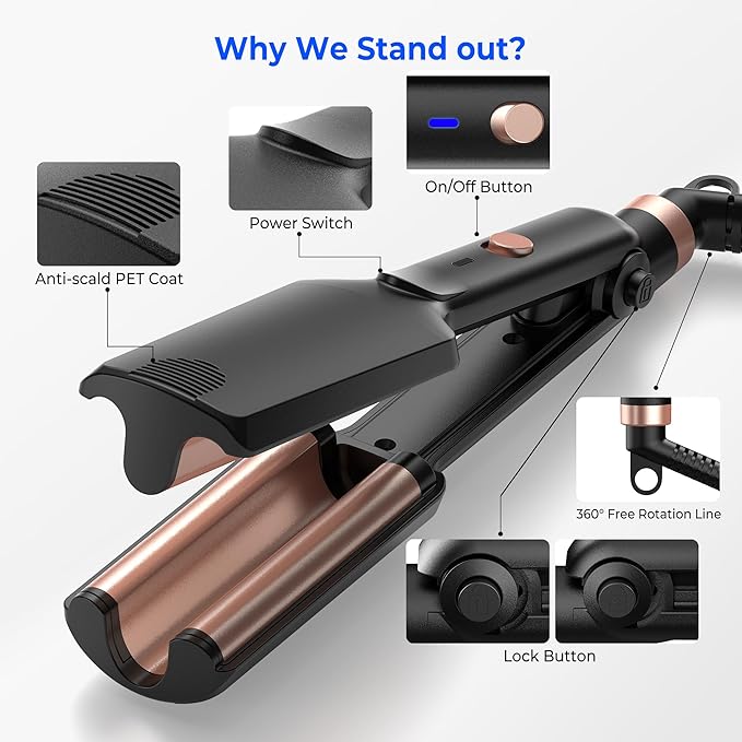 Crimper Hair Tool, Mini Hair Crimper for Women Heating up 390°F, Waver Curling Iron with Negative Ions, Double Voltage Crimping Iron for All Style (9.5 Inch/1.5 Inch)