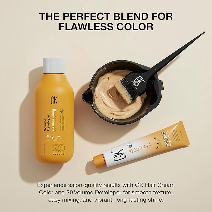 GK HAIR Global Keratin Natural 6 Dark Blonde Hair Color Cream Tube (3.4 Fl Oz/100ml) + 20 Volume Developer (5 Fl Oz/150ml) - Professional Permanent Long Lasting Toner Dye