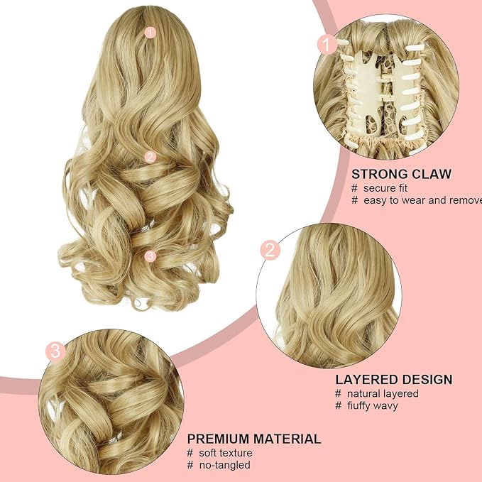 Ponytail Extension, Clip on Ponytails for Women, 12" Claw Clip in Short Curly Wavy Pony Hair Extension for Women - Light Honey Blonde
