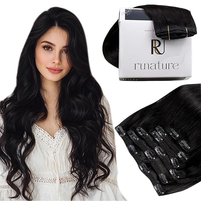 RUNATURE Black Clip in Hair Extensions Real Human Hair 14 Inch, Thick Human Hair Clip in Extensions, Remy Hair Extensions Clip Ins, Double Weft Hair For Women, Add Hair Volume 120g 7pcs #1B Off Black