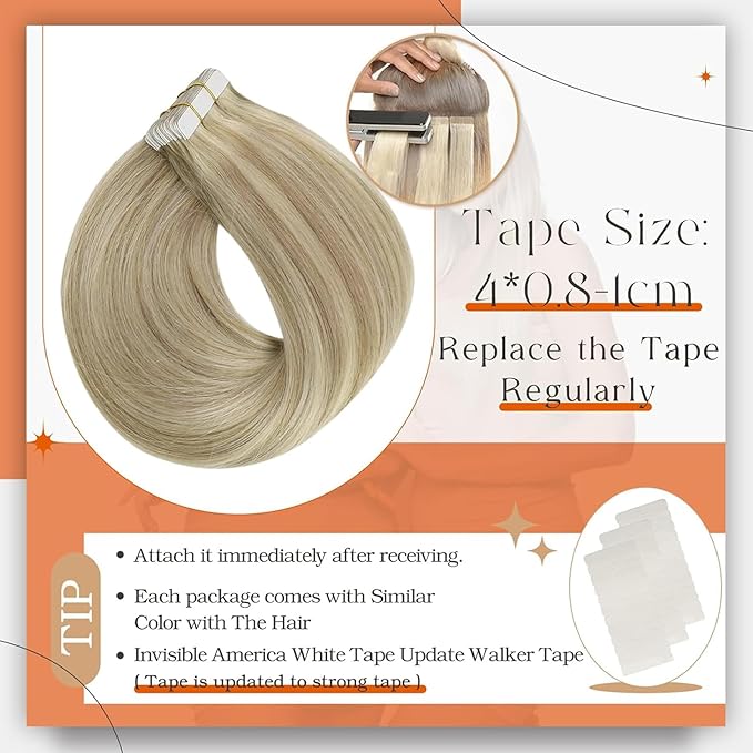 Full Shine Hair Extensions Tape in Color 16P22 Highlighted Blonde Tape in Hair Extensions Human Hair Bridal Hairstyles 20Inch 100G 40Pcs Straight Silky Seamless Skin Weft