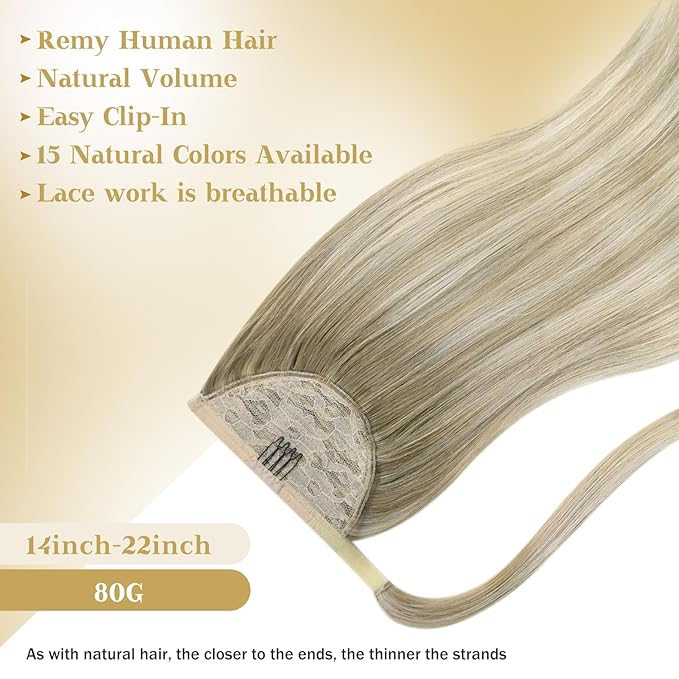 Ve Sunny Hair Extensions Ponytail Real Human Hair Wrap Around Clip in Ponytail Hair Extensions Straight Extensions Human Hair for Women Ash Grey Balayage Platinum Blonde 22inch 80G