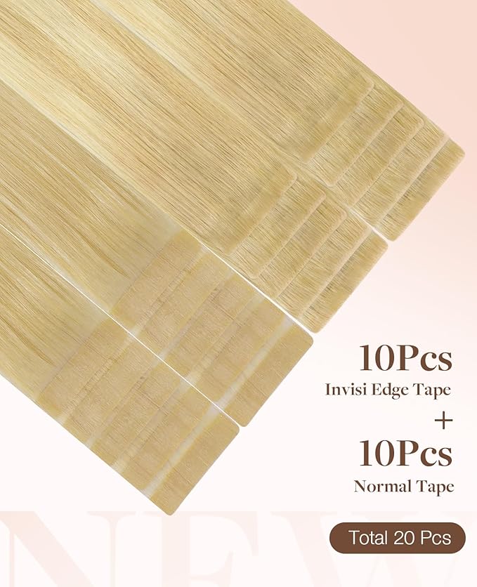 GOO GOO Invisi Edge Tape in Hair Extensions Human Hair, 18AT60A Pearl Ash Blonde Highlights10pcs injected with 10pcs classical tape ins, 20inch 50g, Virgin Remy Hair, Natural Look