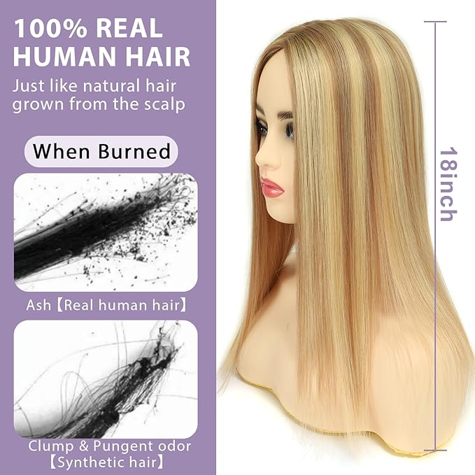Real Human Hair Toppers for Women #TLQ, 3x5 Inch Injected Silk Base 130% Density 18 Inch Length Hair Toppers