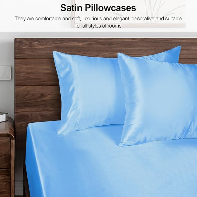 Lirex Satin Pillowcase for Hair and Skin, Super Soft and Cooling Similar to Silk, 2 Pack Queen Size 20"X 30" Pillow Cases with Envelope Closure, Gifts for Women Men, Light Blue