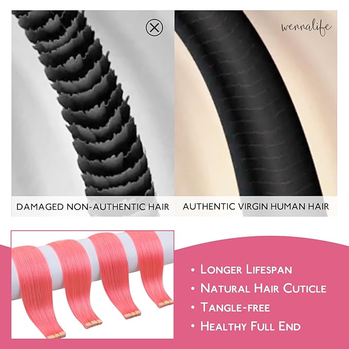 WENNALIFE Tape in Hair Extensions Human Hair Light Pink Tape in Extensions, 10pcs 30g 22 inch Remy Invisible Tape Ins Straight Colored Soft Real Hair Tape
