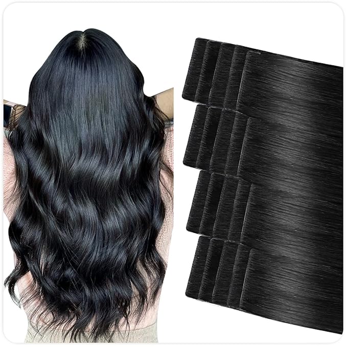 SUYYA Invisible Tape in Hair Extensions Human Hair Jet Black Seamless Injected Hand-Tied Pro Quality Virgin Human Hair 20PCS 40G/Pack Straight Tape Ins(14 inch #1 Jet Black)