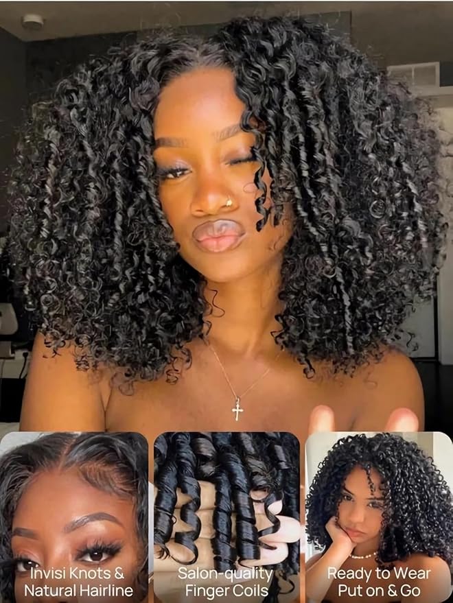 Julia Hair 7x5 Lace Water Curly Texture Wig With Finger Coil Ends Glueless Wigs Human Hair Put On and Go Invisible Lace Pre Plucked Pre Cut Bleached Knots Natural Hairline 22 Inch
