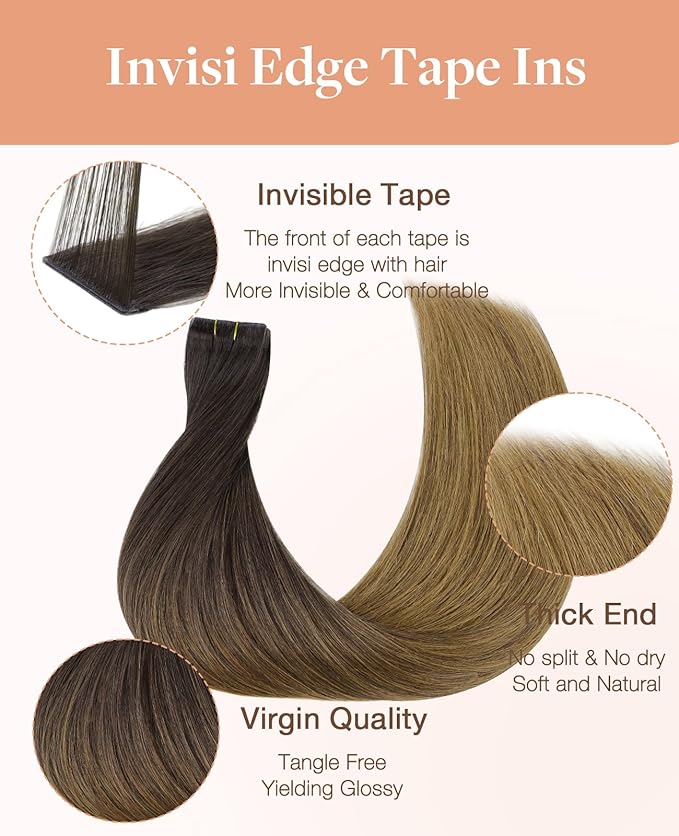 GOO GOO Invisi Edge Tape in Hair Extensions Human Hair, 1D/2C/4E Chocolate Dip Color Melt, 6pcs 16inch 15g, Virgin Remy Hair, Seamless Injected Tape, Natural Look