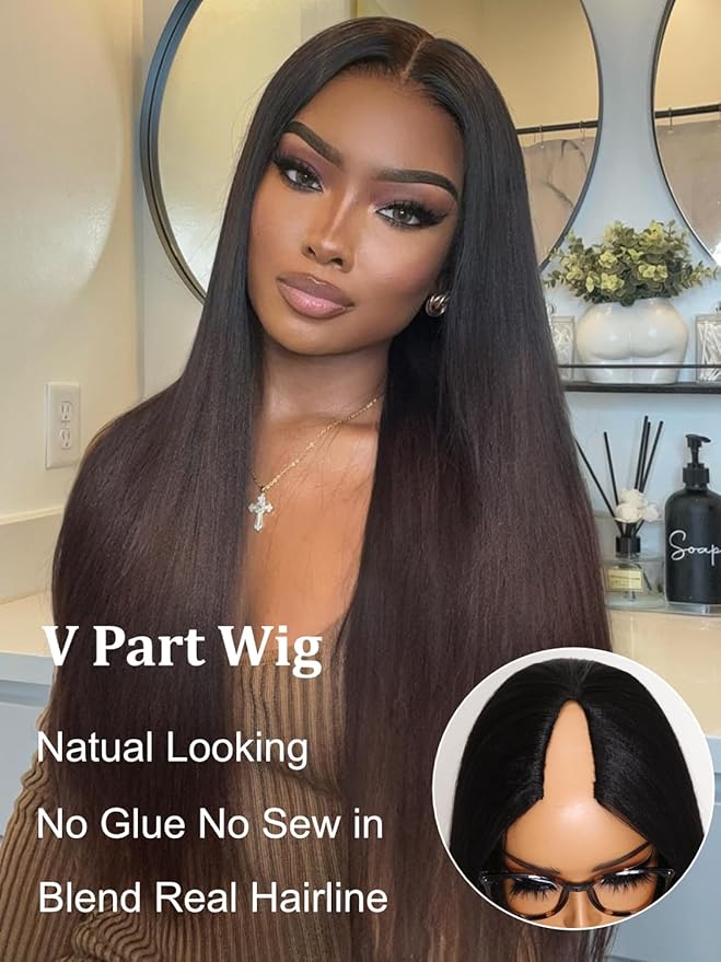 YIROO V Part Wig Human Hair No Leave Out Ombre Chestnut Brown Yaki Straight Glueless Human Hair Wig Upgrade U Part Wigs for Women V Shape Clip in Half Wig No Glue No Sew in Beginner Wig 20inch