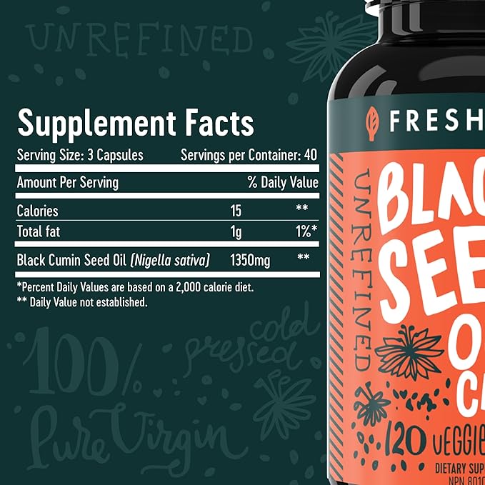 Freshfield Black Seed Oil: Thymoquinone, Premium (Black Cumin Seed Oil, Nigella Sativa) | Cold Pressed | Vegan | Ultra Strength | Pure and 100% Natural. (120 Capsules)