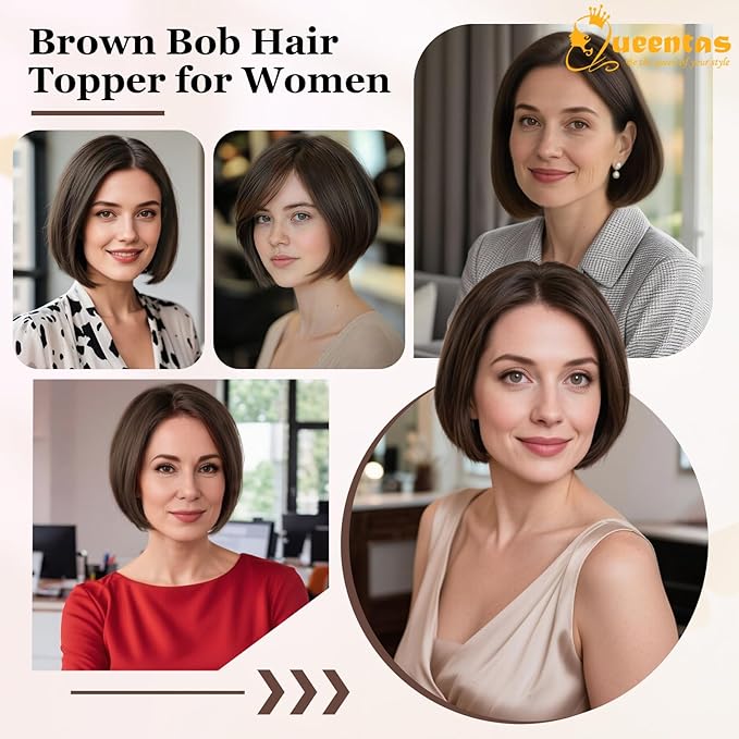 QUEENTAS Brown Hair Topper for Women with Thinning Hair Pieces 6"*6"Large Coverage 360°3D Cover Silver Synthetic Short Bob with 5 Clips in Wiglets(Brown)
