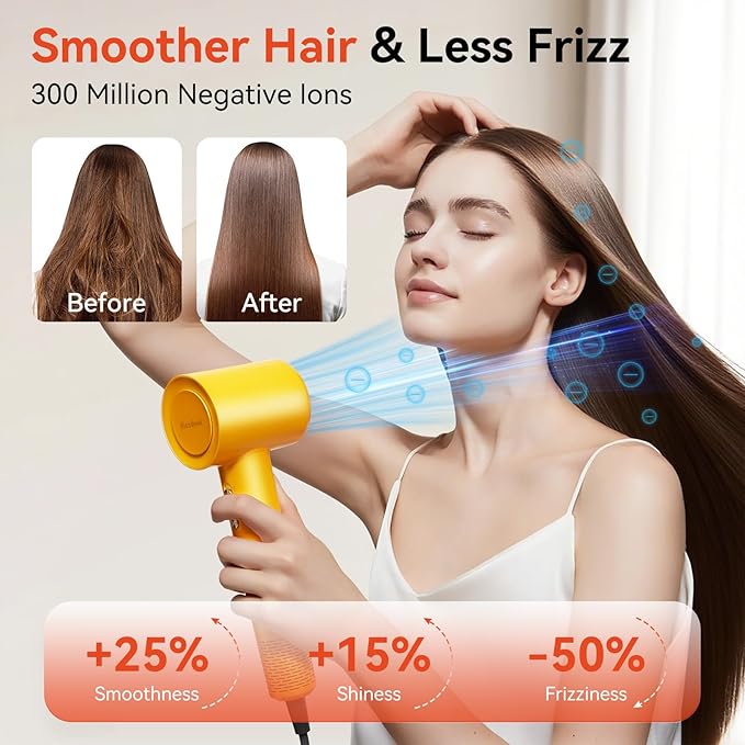 High Speed Hair Dryer - Ionic Hair Dryer for Women with brushless Motor, Fast Drying, Low Noise, Blow Dryer, with Magnetic Nozzle, Suitable for Home, Travel and Salon use (Yellow)