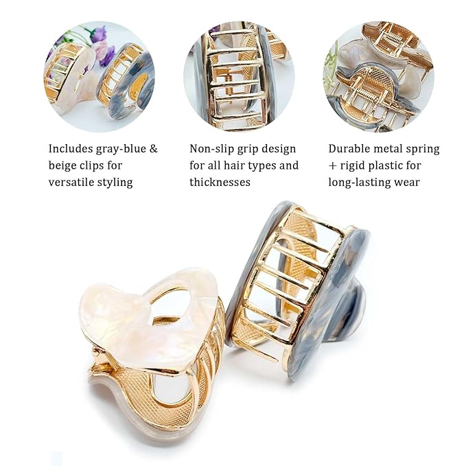 2Pcs Marble Pattern Hair Clips for Women - Non-Slip Grip Metal Claw Clip, Geometric Design Hair Accessories for Thin/Thick Hair, Cute Hair Styling Barrettes, 2.36 Inch