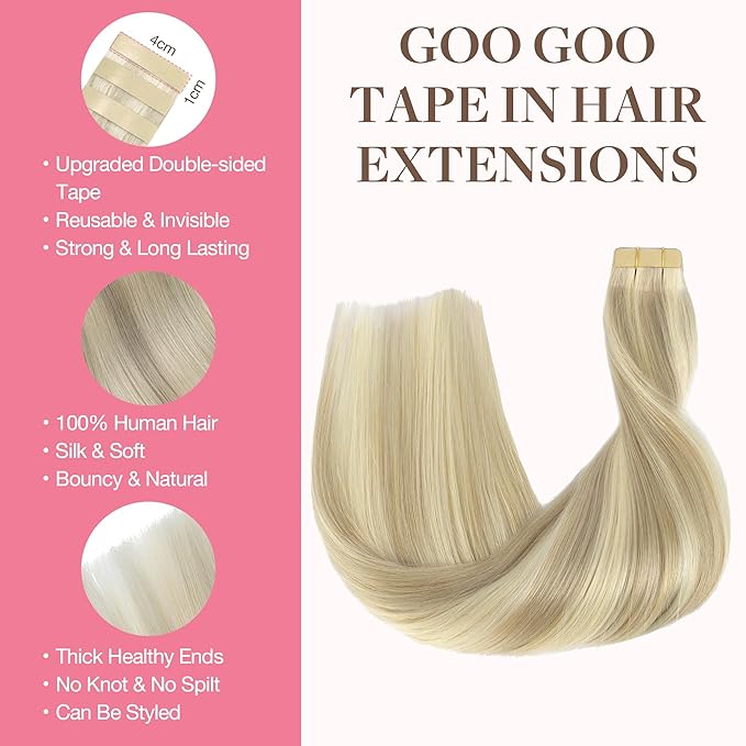 GOO GOO Tape in Hair Extensions Human Hair, 17A/60A Ash Blonde Highlighted Platinum Blonde, 24inch 30g 10pcs, Skin Weft Seamless Invisible, Silky Straight with Thick Ends, Remy Human Hair