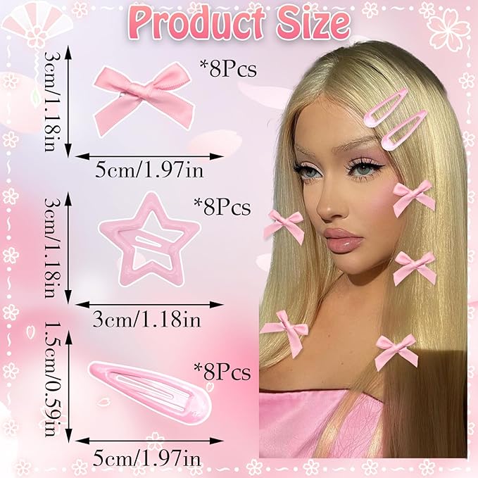 24Pcs Pink Mini Bow Hair Clips Y2K Star Snap Hair Barrettes Water Drop No Slip Hair Clips for Women Small Hair Bows Cute Bowknot Star Hair Pins Accessories for Girls