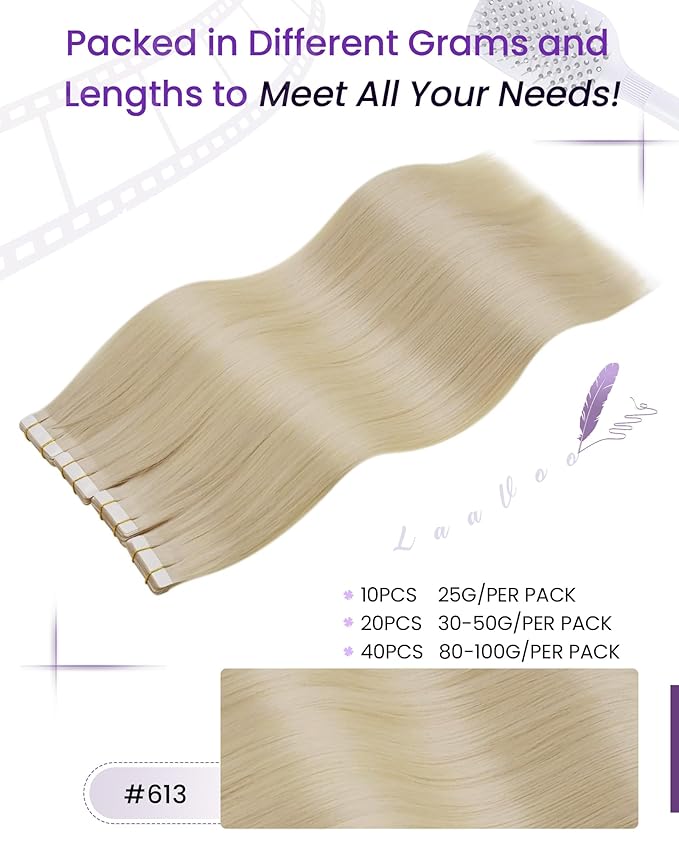 LaaVoo Tape in Hair Extensions Human Hair Bleach Blonde Hair Extensions Tape in Real Hair Tape on Extensions Seamless for Women 26inch 20pcs 50g