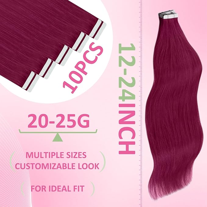 YoungSee Human Hair Tape in Extensions Magenta Tape in Hair Extensions Red 14 Inch Tape-Ins Human Hair Extension Real Human Hair Colorful 10pcs 25g For Diy Glam Look