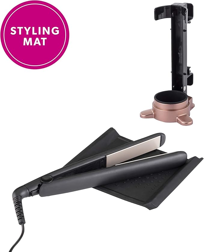 Minky Homecare 2 in 1 Styling Pod - Heat Resistant Soft Silicone Flat Iron and Curling Iron Holder and Styling Mat - Space Saving Bathroom Countertop Organizer - Black & Rose Gold